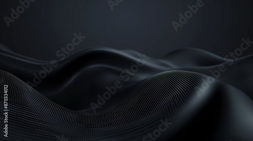 3D render of an abstract background with black waves, wavy lines, and texture for design. Black gradient on dark grey. Soft, blurred, vegetable-like hills or landscape. Vector illustration