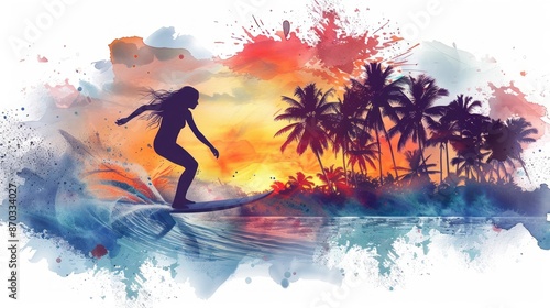 Graceful surfer silhouette at sunrise by palm trees