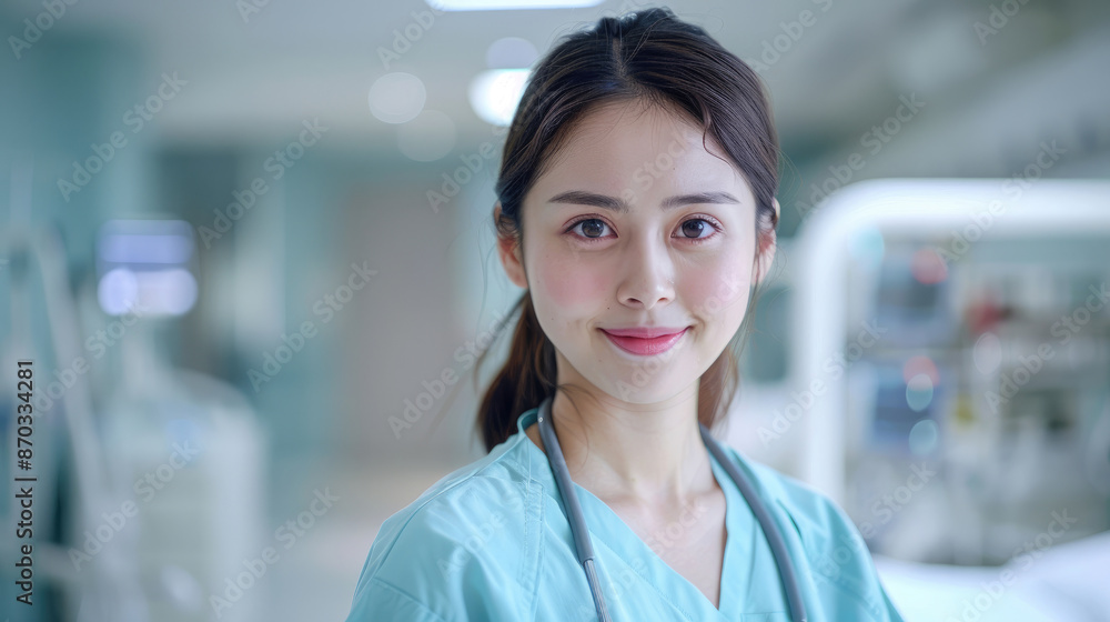 Beautiful smiling young Asian female nurse with ponytail hairstyle wearing light blue-green nurse uniform standing in front of hospital room bed background Beautiful smiling young Asian female nurse with ponytail hairstyle wearing light blue-green nurse uniform standing in front of hospital room bed background