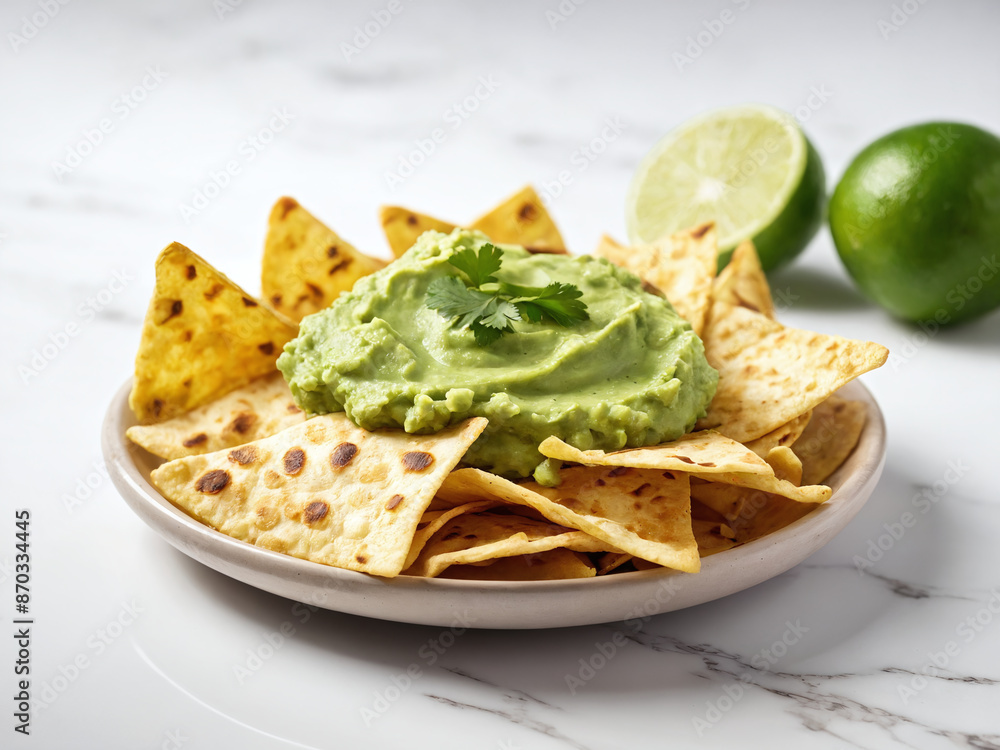Guacamole dip served with crispy tortilla chips on a white plate Guacamole dip served with crispy tortilla chips on a white plate