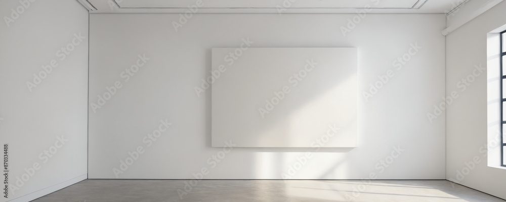 A minimalist white room with a large empty canvas and a window A minimalist white room with a large empty canvas and a window