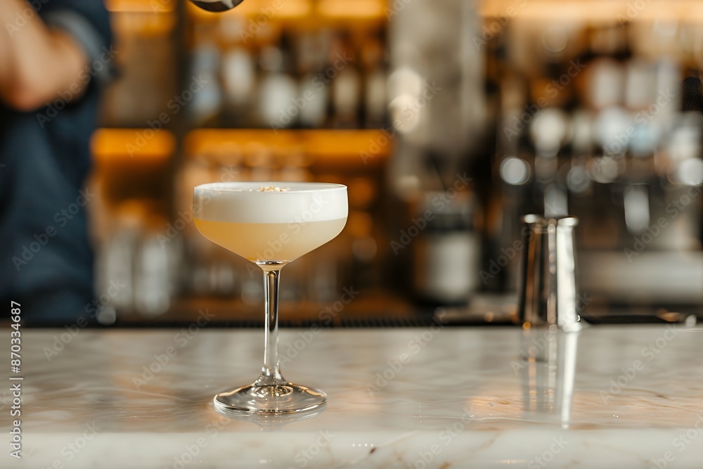 photo of the bottom half of an egg white cocktail in a coupe glass on top of an empty marble bar counter, with a bartender blurred behind it pouring another drink nearby, in a modern minimalist speake photo of the bottom half of an egg white cocktail in a coupe glass on top of an empty marble bar counter, with a bartender blurred behind it pouring another drink nearby, in a modern minimalist speake