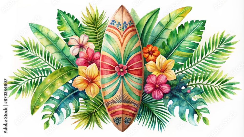 Naklejka premium Watercolor Surfboard With Tropical Leaves And Flowers