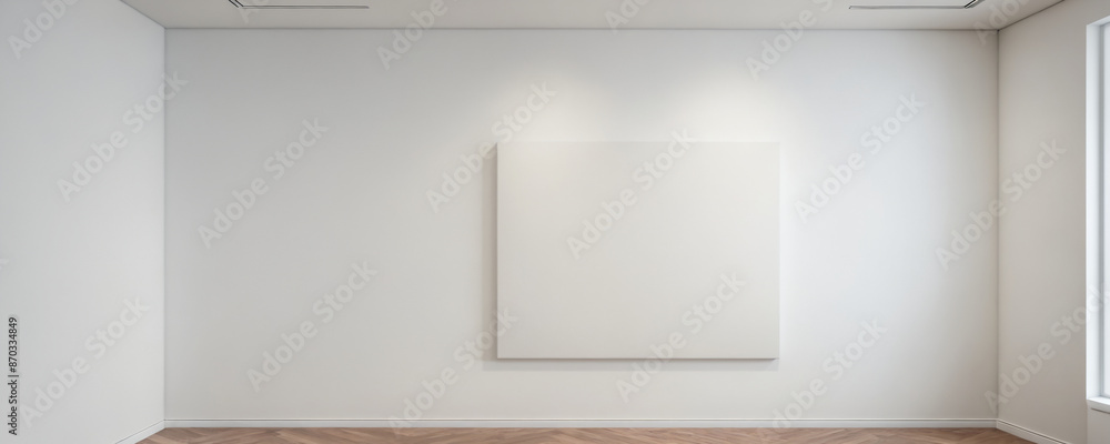 White canvas hanging on a white wall in a modern gallery White canvas hanging on a white wall in a modern gallery