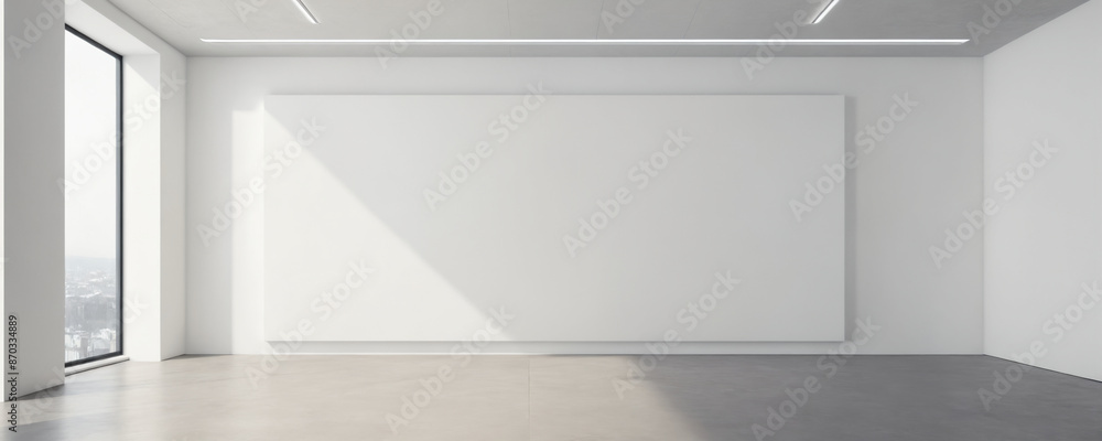 Empty white room with large window and recessed lighting Empty white room with large window and recessed lighting
