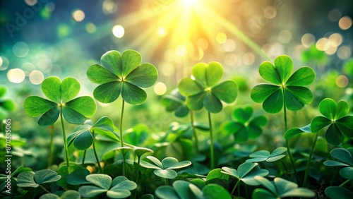 Wallpaper Mural Vibrant green four-leaf clover botanicals sprawl horizontally, surrounded by subtle shamrocks and soft focus bokeh, exuding luck and serendipity. Torontodigital.ca