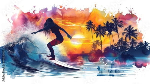 Vibrant surfer riding a wave at sunset on beach
