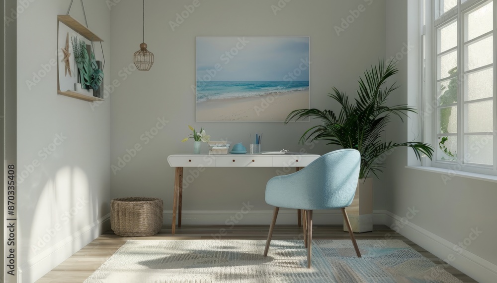 Fototapeta premium Coastal-Inspired Home Office with a Blue Desk Chair
