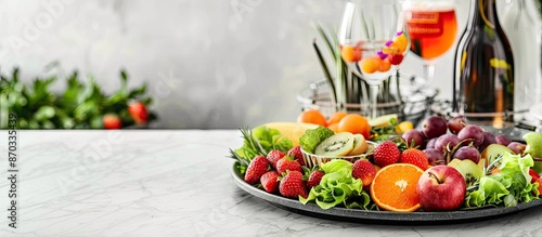 Close up table serve fresh tasty vegetarian food and drink preparing for birthday party or celebrating holiday. Serving healthy vegan meal fruit vegetable decorated by lettuce hugge boho scandi photo