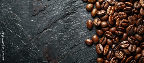 Panel kuchenny z motywem Coffee beans arranged on a textured black slate background with copy space image.