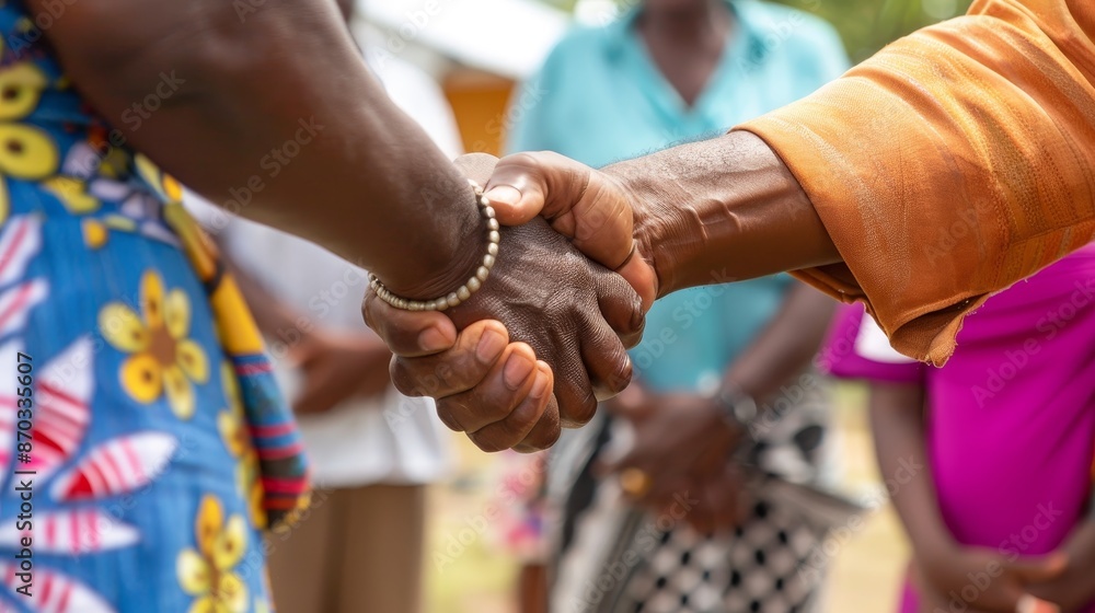 Close-up of Two Hands Shaking, African Culture, Unity, Agreement Close-up of Two Hands Shaking, African Culture, Unity, Agreement