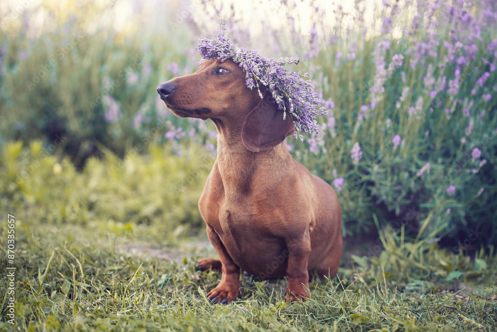 red dachshund in a lavender field in a wreath of purple flowers red dachshund in a lavender field in a wreath of purple flowers