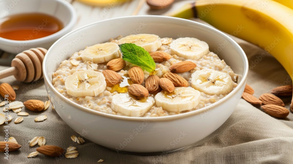 Advertising shot of oatmeal porridge bowl with sliced banana, almonds, sunflower seeds, green tea, honey, ripe bananas, isolated background, studio lighting, nutritious and appealing Advertising shot of oatmeal porridge bowl with sliced banana, almonds, sunflower seeds, green tea, honey, ripe bananas, isolated background, studio lighting, nutritious and appealing
