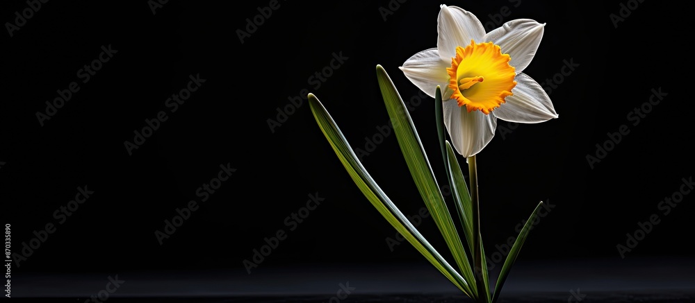 Fototapeta premium A solitary daffodil bloom against a dark backdrop, with ample copy space image.