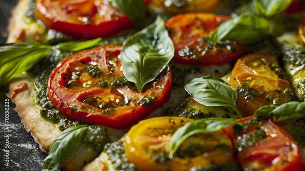 Close-Up of Fresh Tomato and Basil Pizza with Pesto Sauce Close-Up of Fresh Tomato and Basil Pizza with Pesto Sauce