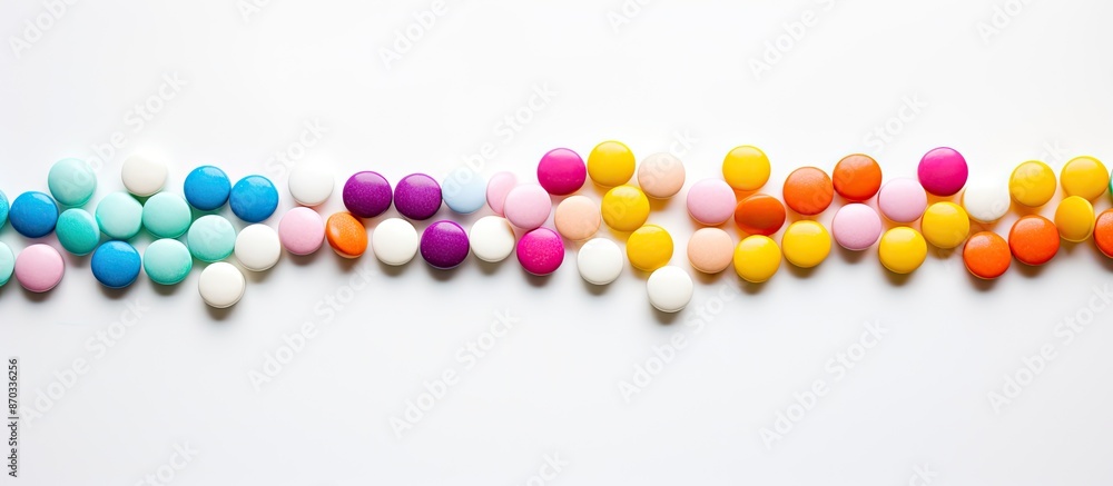 Colorful dragees, candy-coated pills, displayed on a clean white wooden surface with copy space image. Colorful dragees, candy-coated pills, displayed on a clean white wooden surface with copy space image.