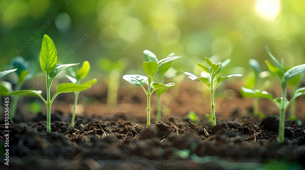 Row of Budding Green Seedlings Sprouting in Fertile Soil with Spring Sunshine Row of Budding Green Seedlings Sprouting in Fertile Soil with Spring Sunshine