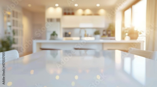 White table with a blurred, well-lit modern kitchen interior. 