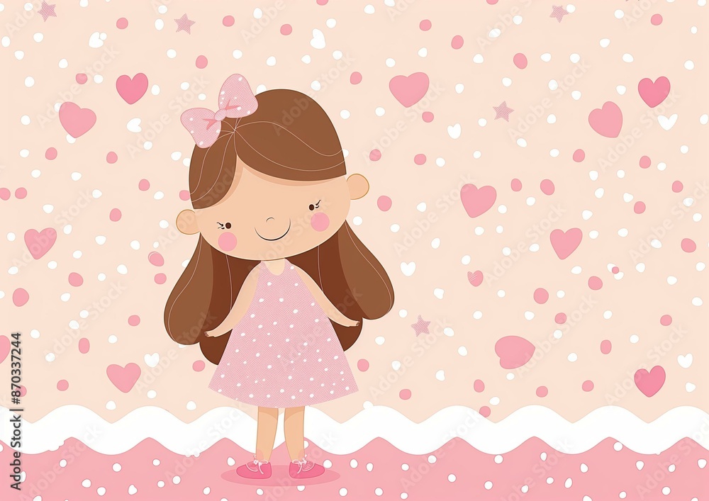 Cute Illustration of a Girl in Pink Dress with Heart and Polka Dot Background Cute Illustration of a Girl in Pink Dress with Heart and Polka Dot Background