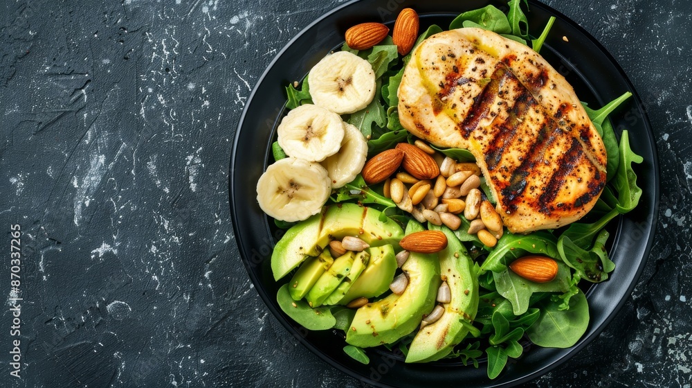 Grilled chicken breast with fresh greens, banana slices, almonds, sunflower seeds, avocado on a dark plate, isolated background, studio lighting, perfect for health-focused advertising Grilled chicken breast with fresh greens, banana slices, almonds, sunflower seeds, avocado on a dark plate, isolated background, studio lighting, perfect for health-focused advertising