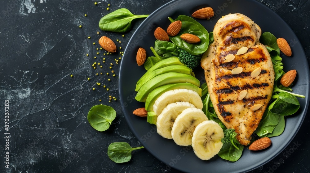 Grilled chicken breast with fresh greens, banana slices, almonds, sunflower seeds, avocado on a dark plate, isolated background, studio lighting, perfect for health-focused advertising