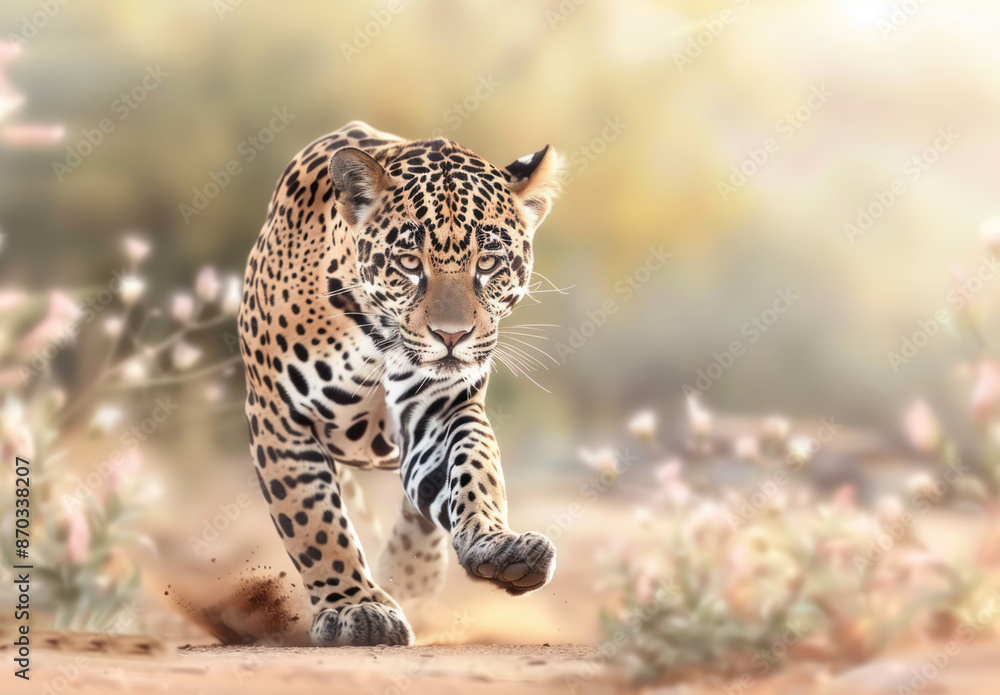 Fototapeta premium A powerful jaguar gracefully runs through a sun-drenched forest, its spotted coat glowing in the warm light