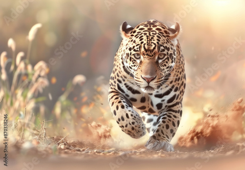 A powerful jaguar strides through a field of golden grass, its gaze intense as it navigates the terrain with grace and speed