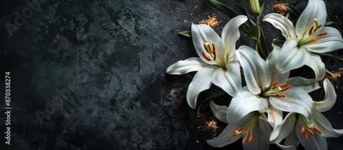 Grieving depicted with white lilies on dark background. Remembrance and sorrow shown in a close-up side view with selective focus for a banner with copy space image. photo