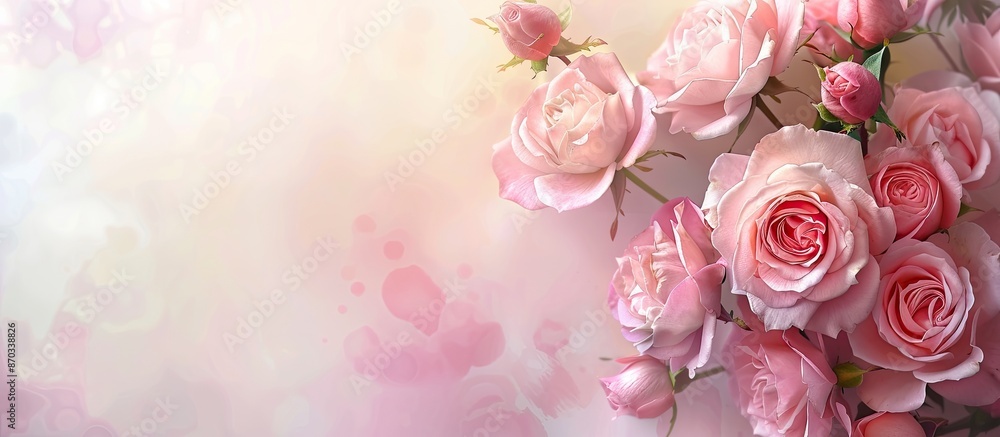 A top-down view of pink roses set against a soft pastel backdrop, designed with a clear area for inserting text or images known as a copy space image. A top-down view of pink roses set against a soft pastel backdrop, designed with a clear area for inserting text or images known as a copy space image.