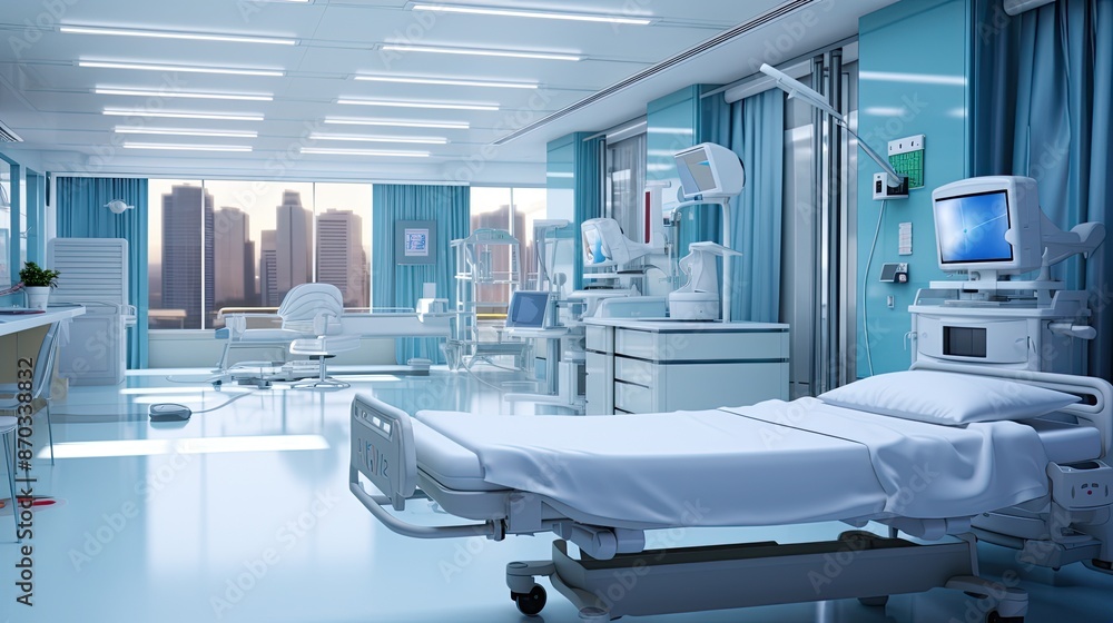 Empty hospital room with bed. Hospital ward, health care. Empty hospital room with bed. Hospital ward, health care.