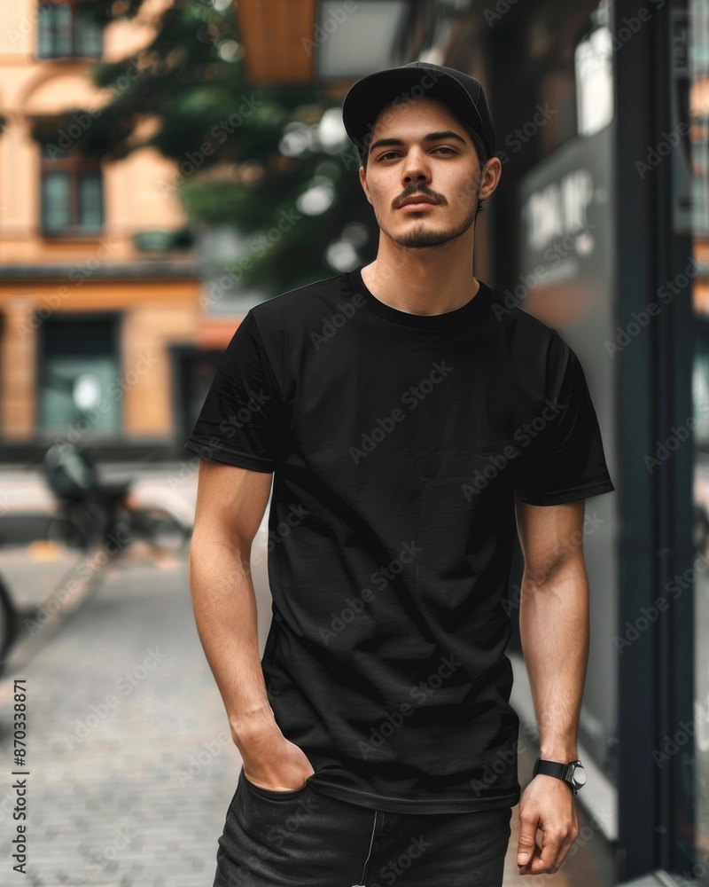 A young man wearing a black t-shirt and cap confidently poses on an urban street, exuding a casual, stylish vibe A young man wearing a black t-shirt and cap confidently poses on an urban street, exuding a casual, stylish vibe