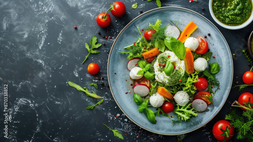 A close-up top view of a vibrant salad with mozzarella cheese and pesto, served on a blue plate. The salad features fresh greens, tomatoes, radishes, carrots, and a dollop of pesto