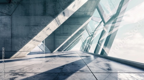 Abstract futuristic glass interior architecture with empty concrete floor.