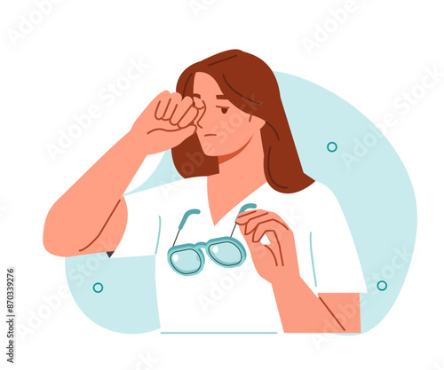 Woman suffer from eye pain and rub her tired eyes with hand. Conjunctivitis and other ophthalmology diseases symptoms. Vector illustration.