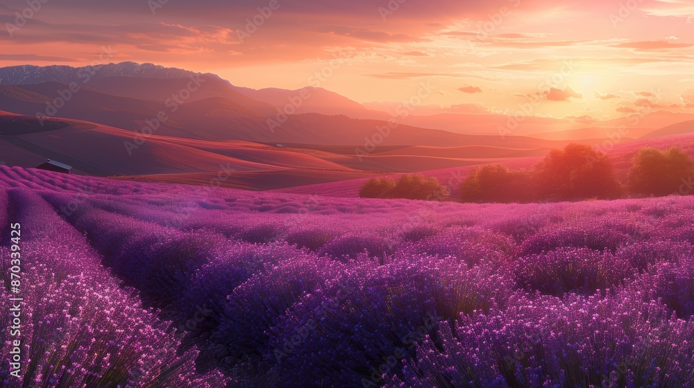 Breathtaking lavender field at sunset with a vibrant sky and distant mountains providing a stunning and tranquil natural landscape. Breathtaking lavender field at sunset with a vibrant sky and distant mountains providing a stunning and tranquil natural landscape.