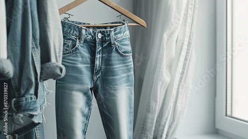 A classic women's outfit with bootcut jeans and a grey shirt, hanging on a rack with a white background.