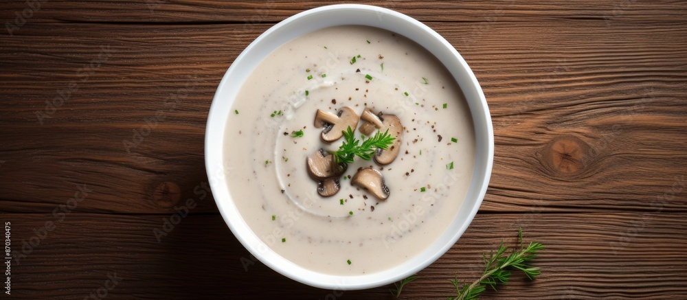 Top-down view of a bowl of creamy mushroom soup on a wooden surface with a background open for text or image insertion. with copy space image. Place for adding text or design Top-down view of a bowl of creamy mushroom soup on a wooden surface with a background open for text or image insertion. with copy space image. Place for adding text or design