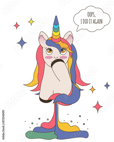 Funny design with Unicorn farts isolated white background. Humor template design t-shirt print. Retro simple naive vector illustration. Pastel pink blue colors. Editable stroke.