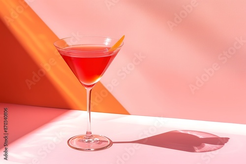 photo of a red cocktail in a highball glass on a pink and orange background, minimalist style, stock photo, simple composition, feminine, sunny light background 
