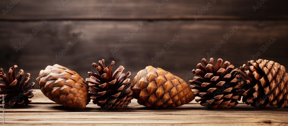Copy space image of spruce cones resting on a textured wooden background. Copy space image of spruce cones resting on a textured wooden background.