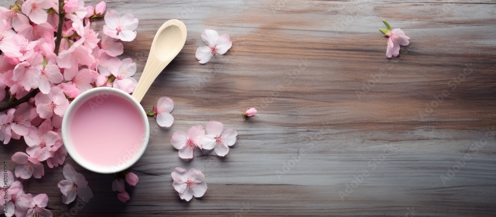 Tea cup with pink petals on wooden background, with spoon below, in creative layout with copy space image. Tea cup with pink petals on wooden background, with spoon below, in creative layout with copy space image.