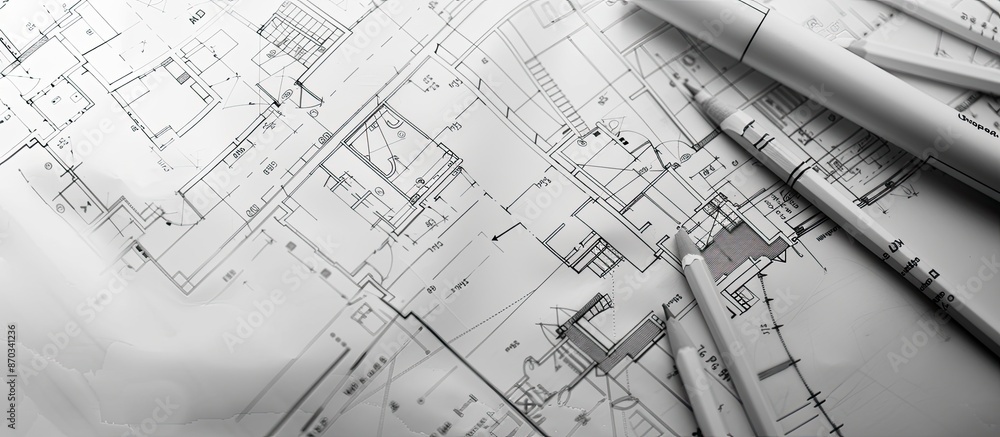Top view of an architectural blueprint with black and white details on architect desk. with copy space image. Place for adding text or design