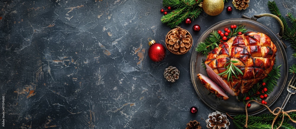 Top-down view of a mouthwatering ham on a gray tabletop for a Christmas meal, with room for text in the image. with copy space image. Place for adding text or design Top-down view of a mouthwatering ham on a gray tabletop for a Christmas meal, with room for text in the image. with copy space image. Place for adding text or design