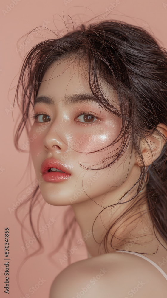 The face of a young beauty Korean woman model with natural makeup shows flawless skin and soft features against an elegant pastel background The face of a young beauty Korean woman model with natural makeup shows flawless skin and soft features against an elegant pastel background