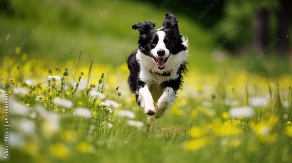 Stunning closeup of a border collie resting on vibrant green grass with a colorful garden backdrop. Stunning closeup of a border collie resting on vibrant green grass with a colorful garden backdrop.
