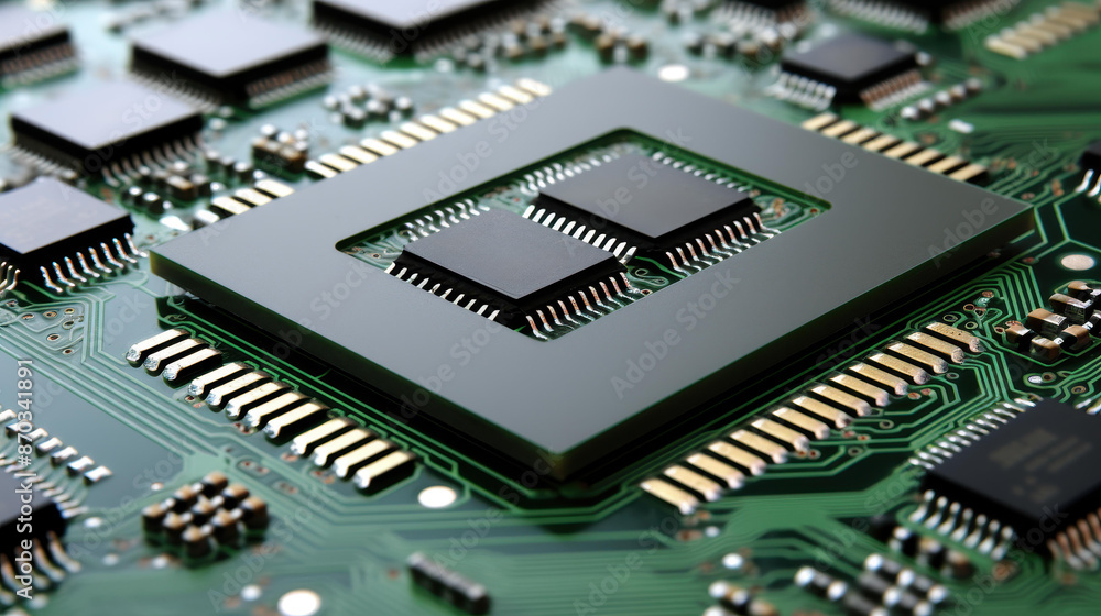Detailed shot of circuit board with integrated chips and capacitors, blurred background Detailed shot of circuit board with integrated chips and capacitors, blurred background