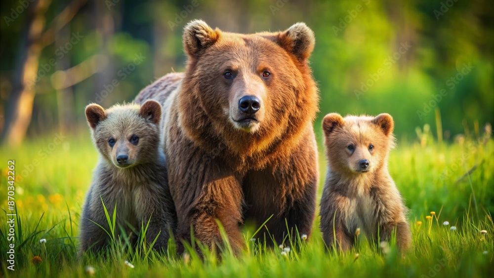 Obraz premium A Family Of Brown Bears In The Woods. The Mother Bear Is Watching The Photographer While Her Two Cubs Are Playing Around.