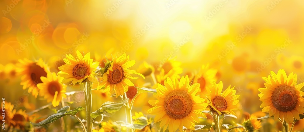 Obraz premium Field of golden sunflowers in a beautiful garden with copy space image.