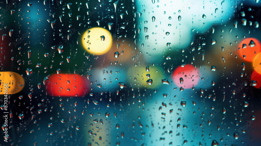 Moody urban scene with raindrops on a window and blurred city lights, ideal for weather projects. Moody urban scene with raindrops on a window and blurred city lights, ideal for weather projects.