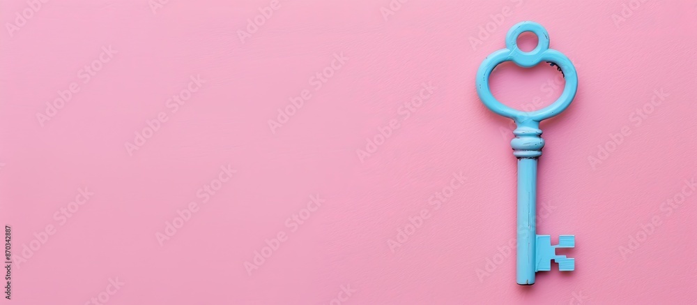 Key blue different on pastel pink background. Minimal style business ideas.Trendy flat lay concept. top view. Copy space image. Place for adding text or design Key blue different on pastel pink background. Minimal style business ideas.Trendy flat lay concept. top view. Copy space image. Place for adding text or design